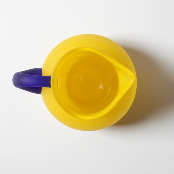 Image 1 of Small Vintage Frosted Glass Yellow and Blue Pitcher for Milk or Juice / Kosta Boda / Sweden / 1990s