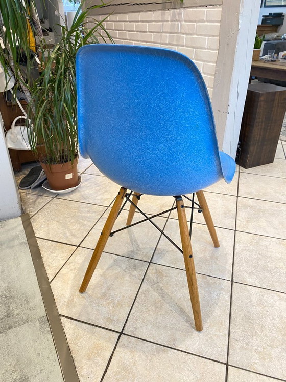 Image 1 of Sedia DSW, fibra blu turchese, Dowel oak, rovere chiaro, Eames Herman Miller, vintage anni '50