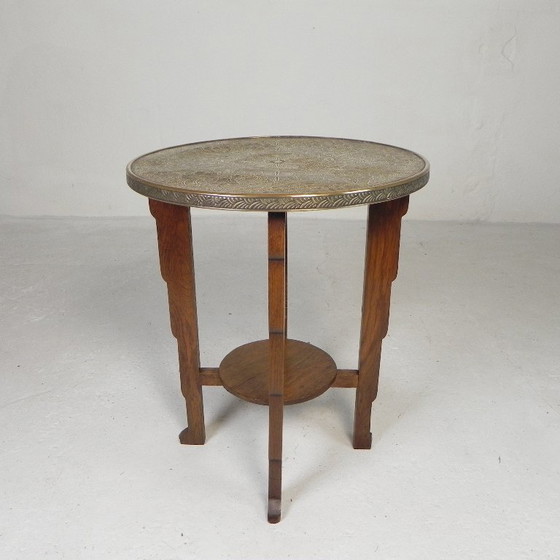 Image 1 of Mesa Art Déco con tablero de latón, Escuela de Ámsterdam, década de 1930