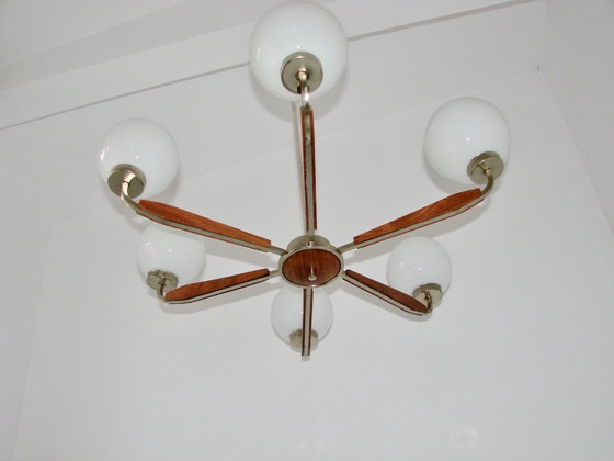 Image 1 of Modern chandelier from the 1970s – metal, teak wood and glass, 6xE14