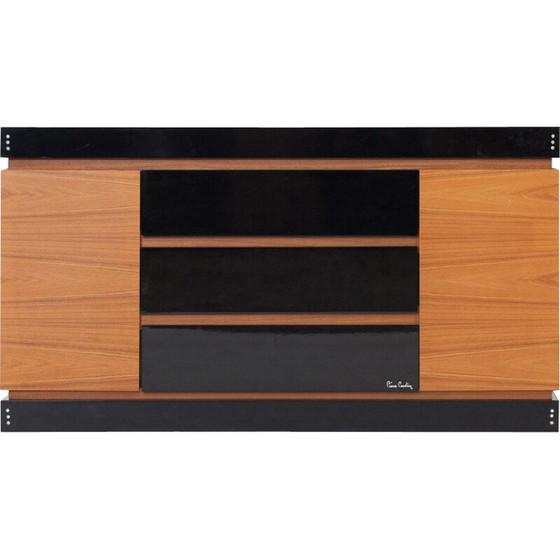 Image 1 of Black lacquered wood and teak vintage storage cabinet by Pierre Cardin, 1970