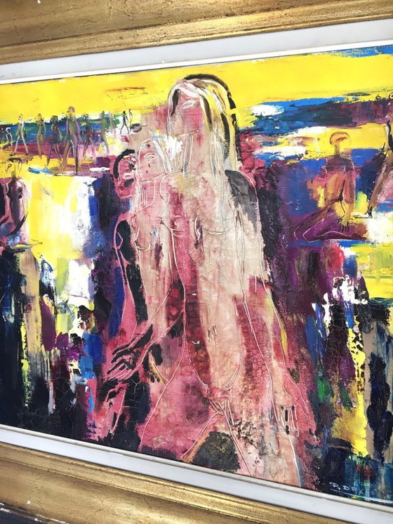 Image 1 of Composition abstraite de femmes, peinture sur toile signée par Paul Daxhelet, Belgique, années 1960