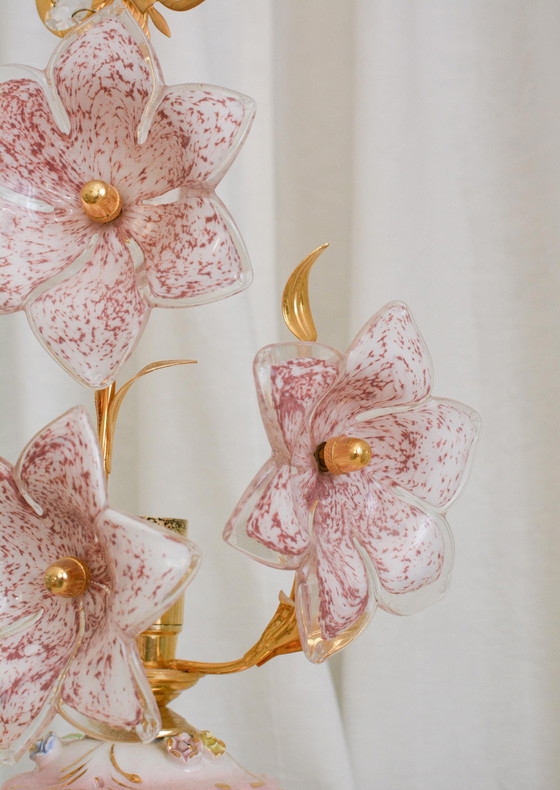 A Pair of Vintage Pink Murano Glass Flower Table Lamps, Italy, 1970s – Gold, Italian Design (photo 3 of 10)