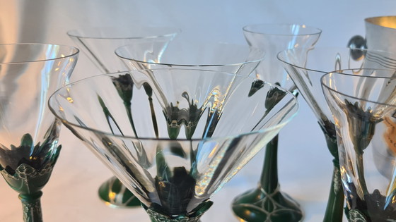 Art Nouveau 8 Glazen Set Kristal op Metalen Voet Groen Zilver 19e Eeuw Top – Glazen & Karaffen, Crystal (photo 2 of 14)