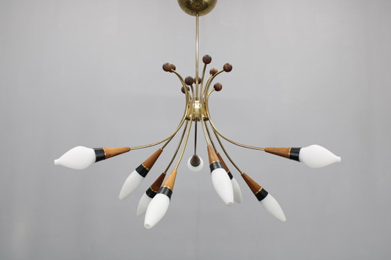 Image 1 of Lustre en laiton et teck en verre opalin Rupert Nikoll, Autriche, années 1960