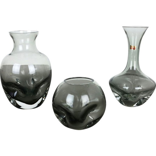 Ensemble de 3 vases cubiques en verre cristallin soufflé à la bouche par Friedrich Kristall, Allemagne 1970