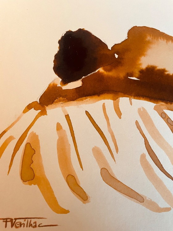 Image 1 of Aquarelle monochrome couleur tabac portrait féminin « sieste au Kenya »