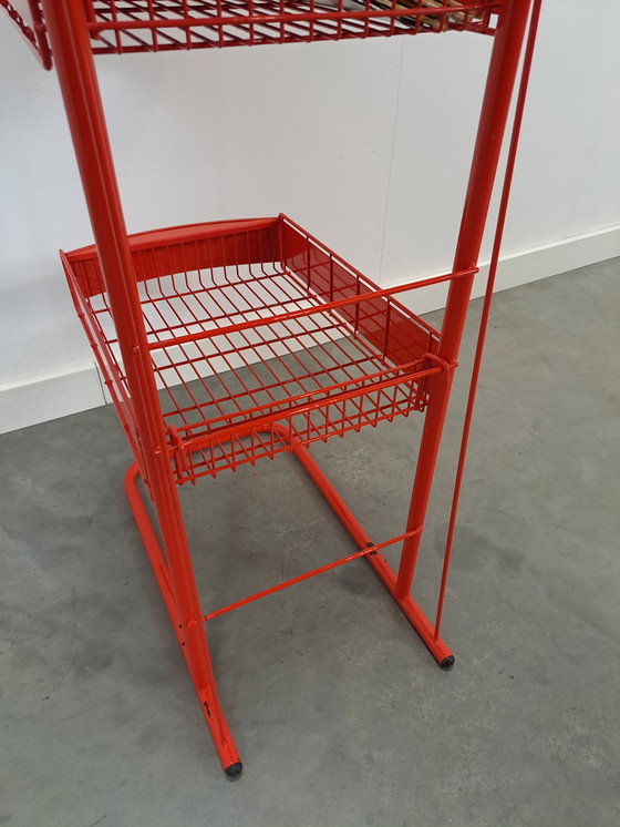 Image 1 of Red Metal Shop Display Case Shop Rack With Baskets Vintage