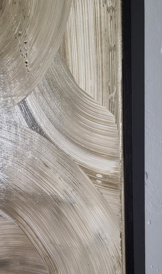 Image 1 of Frances Eckhardt - Peinture abstraite moderne peinte à la main, art contemporain beige argenté 100x100