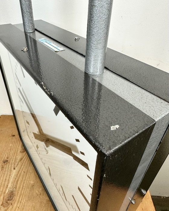 Image 1 of Grote industriële vierkante plafondklok met twee zijden van Pragotron, jaren 70
