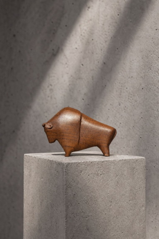 Vintage Danish Dark Teak Wood Bison Figurine, 1960s