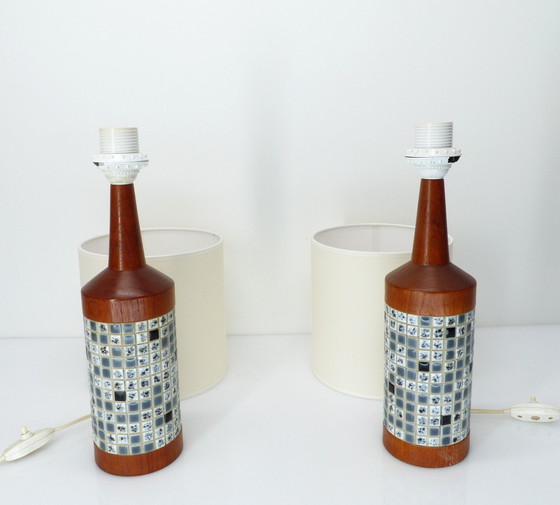 Image 1 of Pair of Scandinavian Teak and Mosaic Table Lamps, Denmark 1960