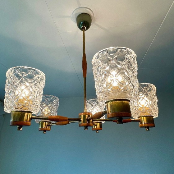 Image 1 of Mid-Century Swedish Chandelier in Teak, Brass & Pressed Crystal — 1960s Scandinavian Lighting
