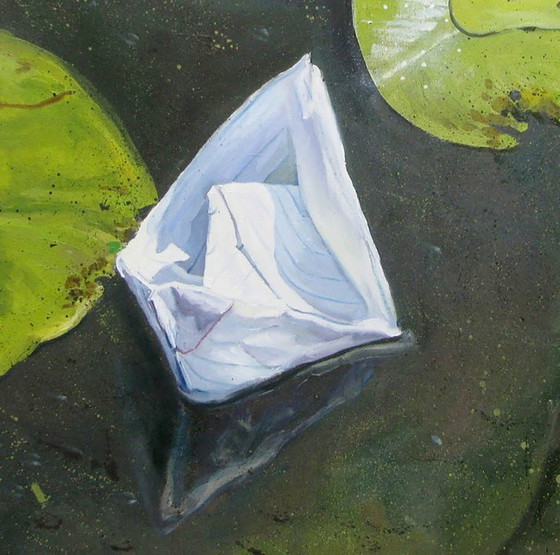 Peinture à l'huile originale, symbolisme de l'art moderne, nénuphar, grenouille, une rencontre (photo 5 of 7)