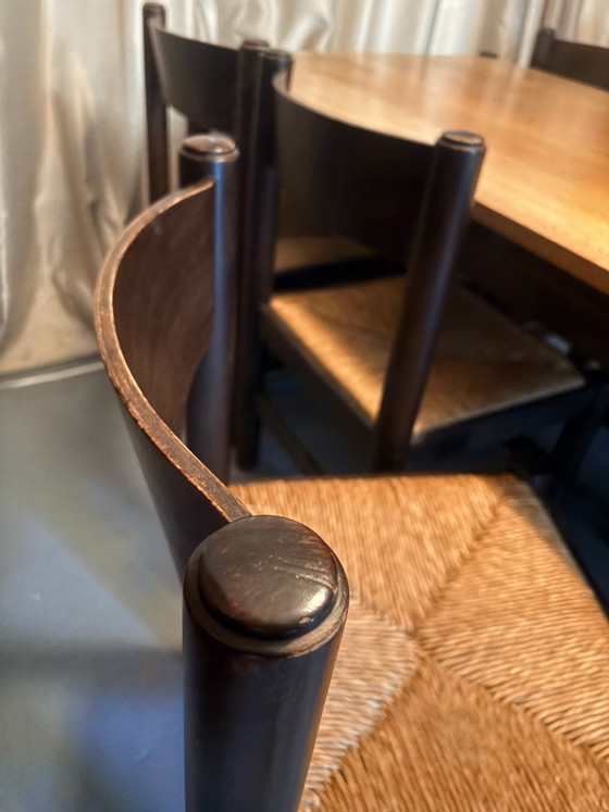 Tavolo da pranzo con 6 sedie anni '70, Cassina, Sedie da pranzo, Legno, Vimini, Marrone (foto 5 di 8)