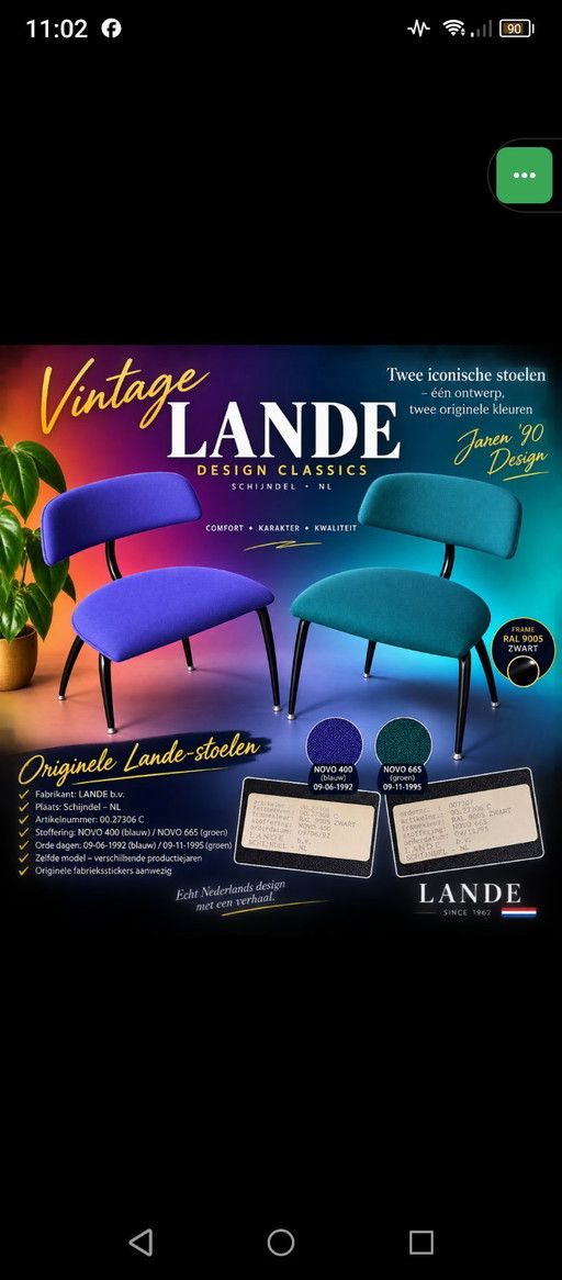 Set van 2 originele Lande designstoelen – eetkamerstoelen, Metal, Polyester