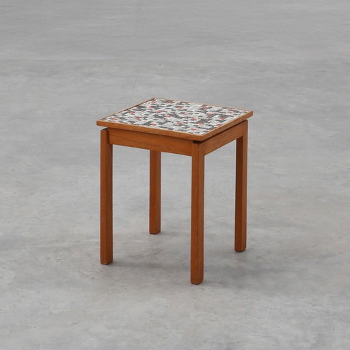 Table d'appoint vintage en bois de pin carrelé avec mosaïque, Belgique années 1950