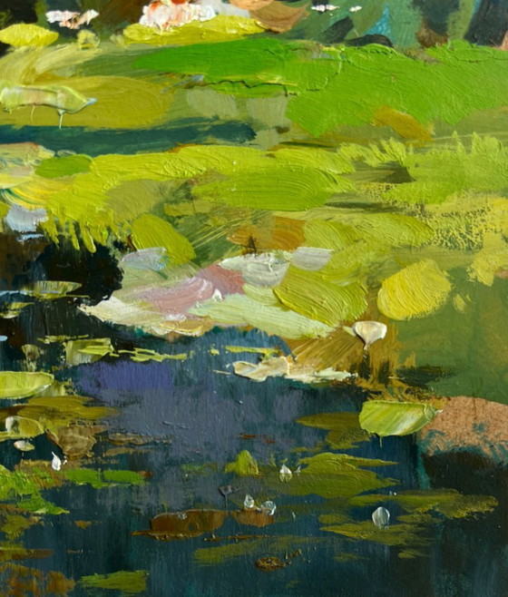 Image 1 of Origineel olieverfschilderij: Rivierlandschap langs de kust. Een boot bij een eenzame boom.