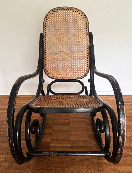 Vintage Schommelstoel Thonet Stijl, Zwart Gebogen Hout En Riet – schommelstoelen, Wood (photo 2 of 8)