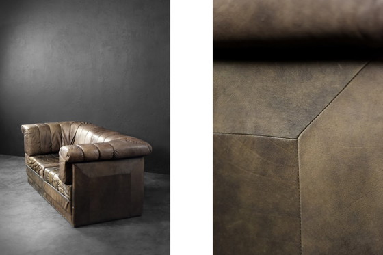 Image 1 of Vintage Mid-Century Modern German Brutalist 2-Seater Brown Leather Bed Sofa, 1970s