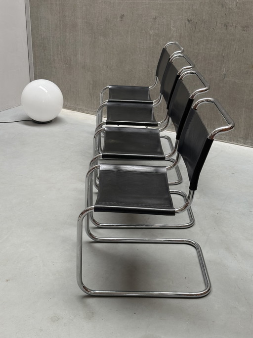 4x Mart Stam S33 Stühle, FASEM Chrom und Sattelleder, Italien '70