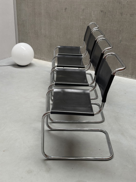 Image 1 of 4x Mart Stam S33 Stühle, FASEM Chrom und Sattelleder, Italien '70