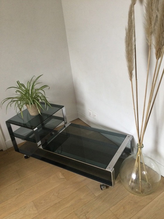Image 1 of Salontafel / Laag kastje, Italiaans design in gerookt glas en staal