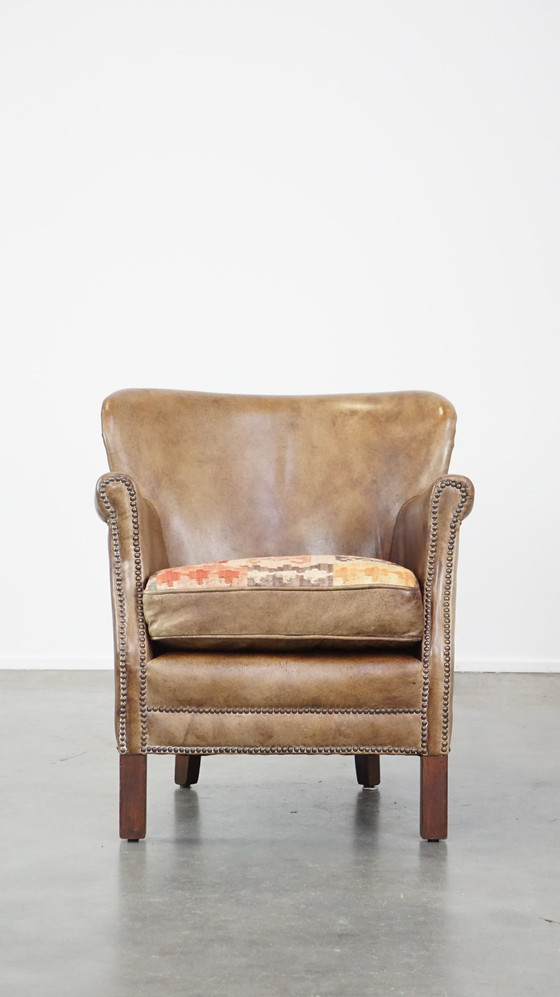 Image 1 of Beef Leather Armchair With Reversible Kelim Seat Cushion