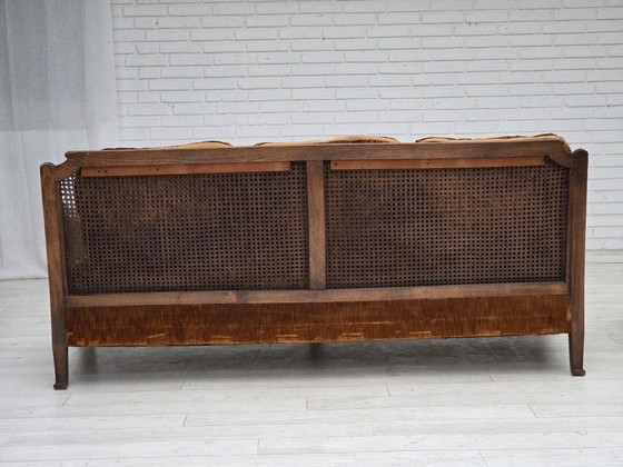 Image 1 of 1930-35s, Danish 3-seater sofa, furniture velour, furniture mesh, carved ash wood.