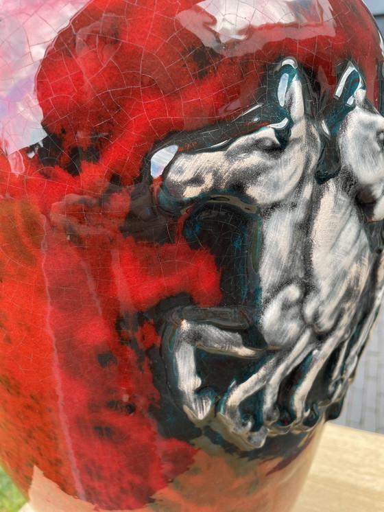 Image 1 of Vintage Duitse Fat Lava Vaas Paarden Jaren 70