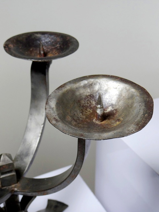 Image 1 of Pair of Massive Brutalist Wrought Iron 4-Light Vintage Candlesticks