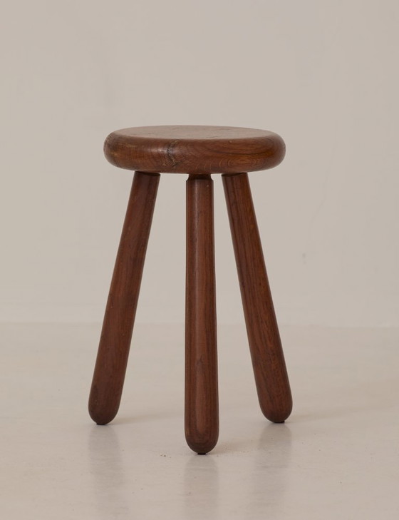 Image 1 of Vintage French tripod stool, brutalist style, made of solid wood, circa 1960