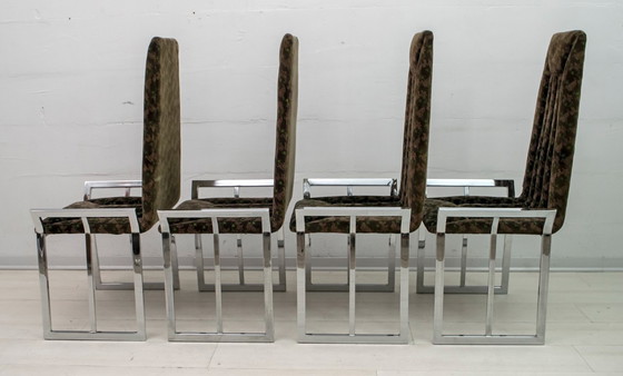 Image 1 of Set van 4 Mid Century Moderne Italiaanse Verchroomd Staal en Fluwelen Eetkamerstoelen 1970
