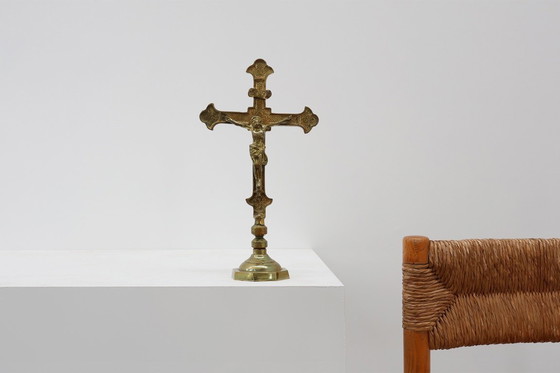 Image 1 of French Antique Catholic Alter or table Crucifix in cast copper, 1900s