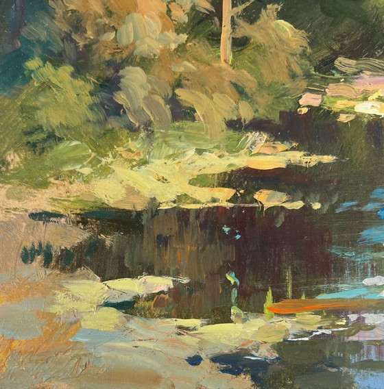 Image 1 of Peinture à l'huile originale Paysage d'été au bord d'une rivière Eaux silencieuses de la forêt