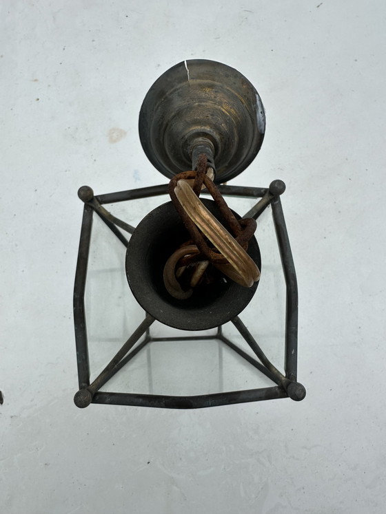 Image 1 of Antieke koperen lantaarn met bewerkt glas