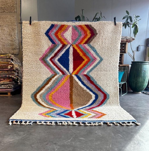 Berber Colorful Moroccan Beni Ourain Wool Rug 220x300 cm - Berber Moroccan Rug - Handmade Boho Floor Carpet with Bold Multicolor