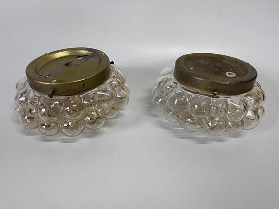 Image 1 of Set of 2 Mid - Century Helena Tynell ceiling light bubble amber glass