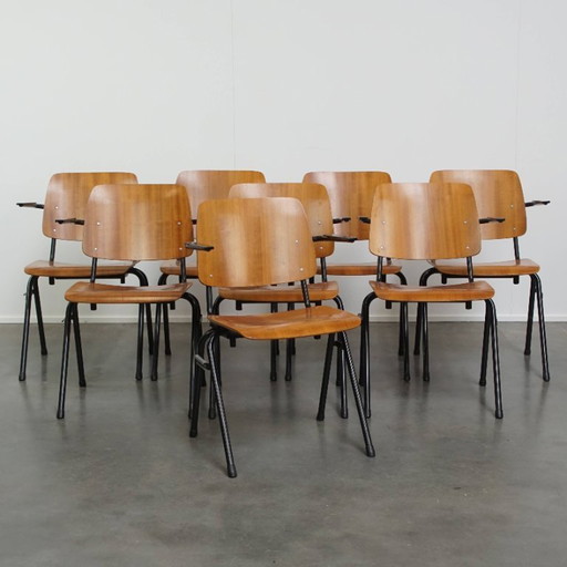8x chaise d'école, de cantine ou de salle à manger Marko, design hollandais, des années 1960, avec accoudoirs