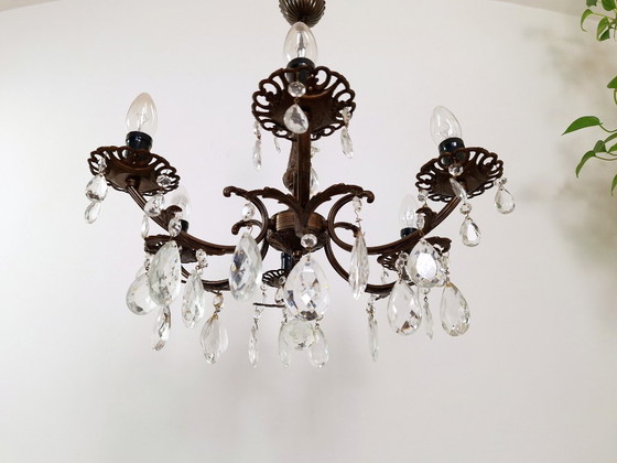 Image 1 of Lampadario antico francese in ottone con gocce di cristallo, lampadario da sala da pranzo in stile barocco a 6 luci