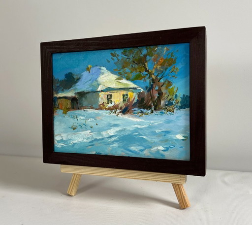 Origineel olieverfschilderij: Winterhuislandschap, prachtige winterochtend