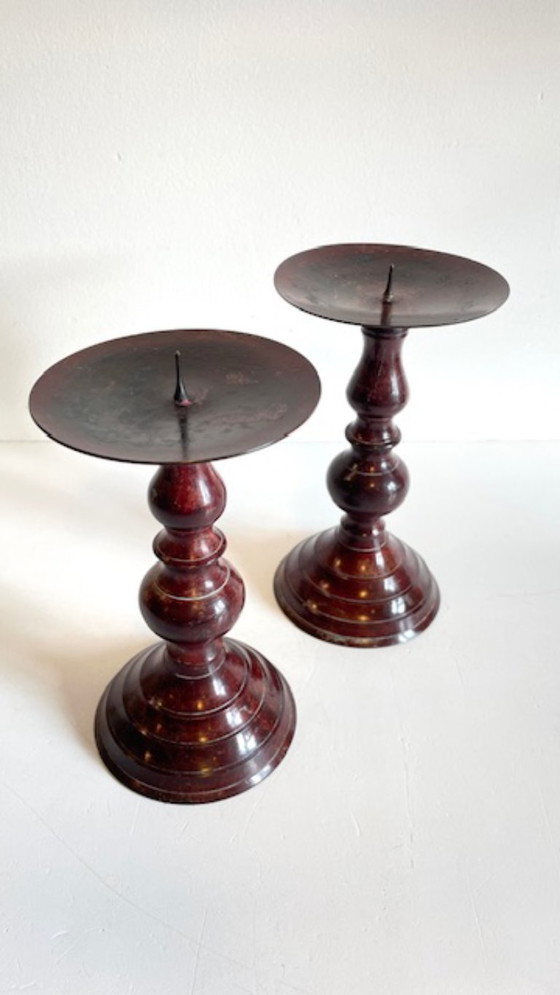 Image 1 of Vintage Patinated Metal Candlesticks