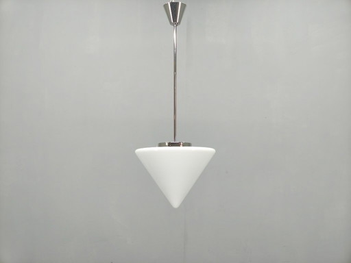 Art Deco Style Pendant Light, Chrome & Milk Glass, 1970s