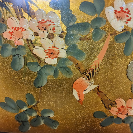 Image 1 of Vintage Chinese cabinet gold leaf flowers and peacocks and birds / oriental cabinet / bohemian cabinet / Asian cabinet