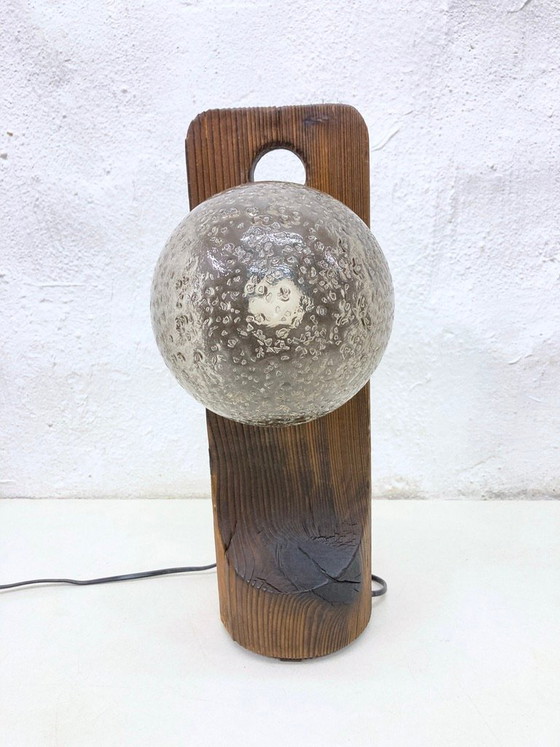 Image 1 of Tischleuchte von Temde aus Holz und Glas zweiflammig 70er brutalistischer Stil