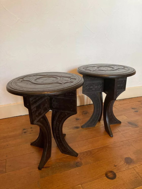 Image 1 of Two Tuareg side tables in wood and embossed leather