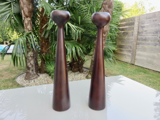 Paire de grands bougeoirs scandinaves en bois, vintage, 70's