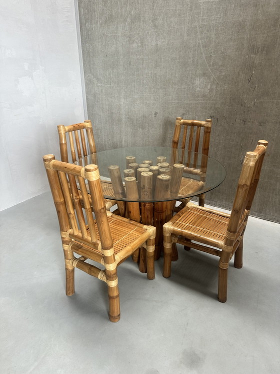 Ensemble de salle à manger bohème vintage en bambou – Salles à manger complètes, Bamboo, Glass (photo 2 of 12)