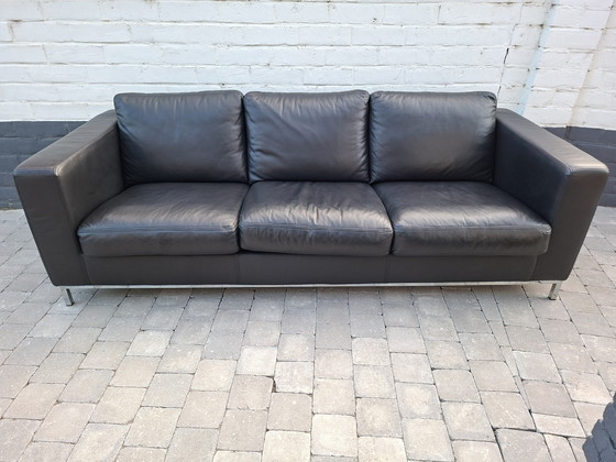 Image 1 of Grande divano vintage in pelle nera italiana Manzoni