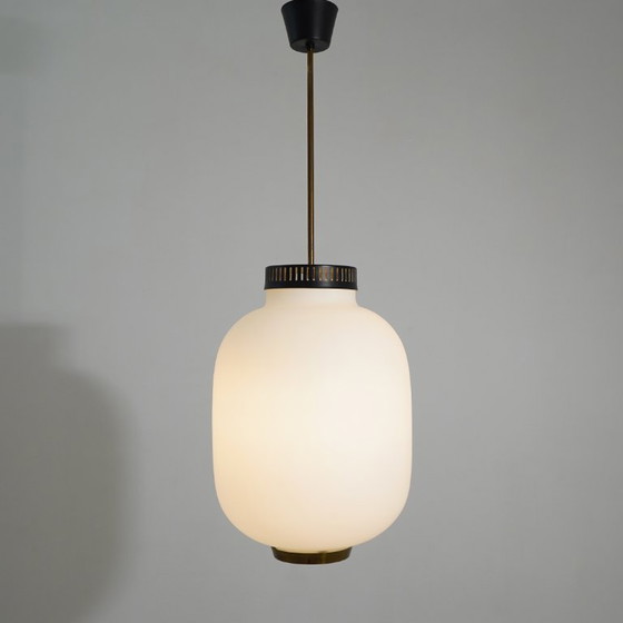 Image 1 of Chandelier in white opaline glass and brass, 1950s